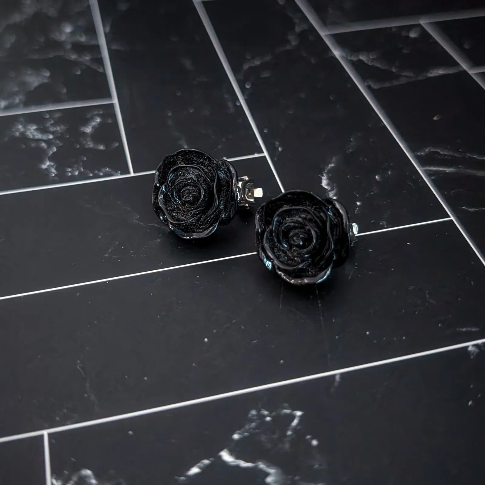 Vintage Clip On Earrings Black Rose Flower Floral Whimsical Earrings - Image 3