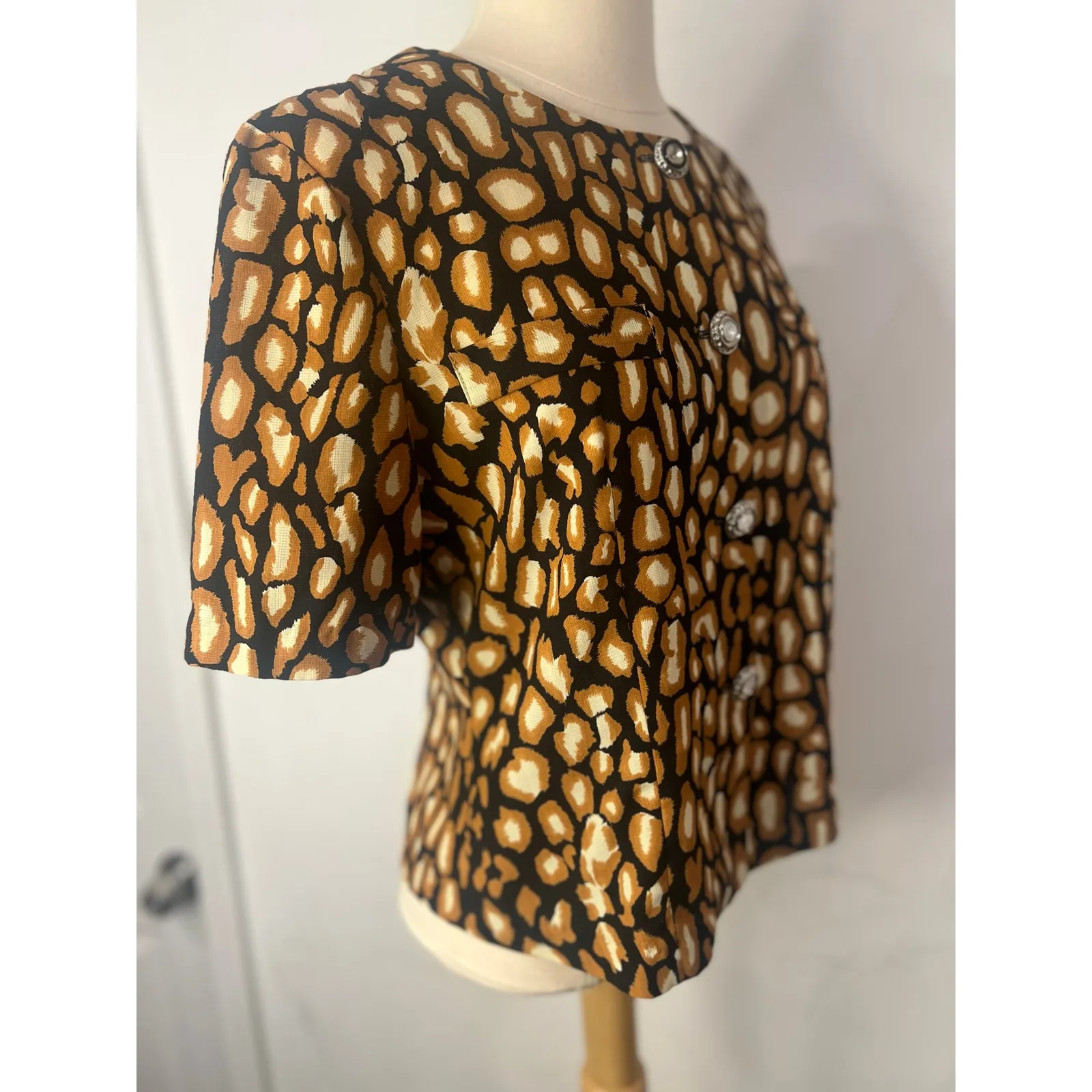 Vintage Korean Tai Lam Pattern Button Down Blouse ShoulderPad Black Tan Medium - Image 3