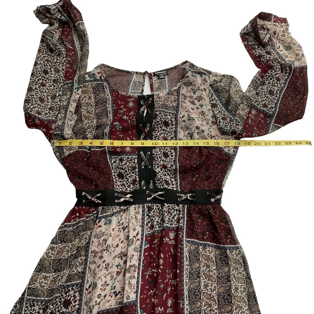 Hommage Women's Patchwork Long Sleeve Mini Dress Size Medium‎ Red Black Tan - Image 11