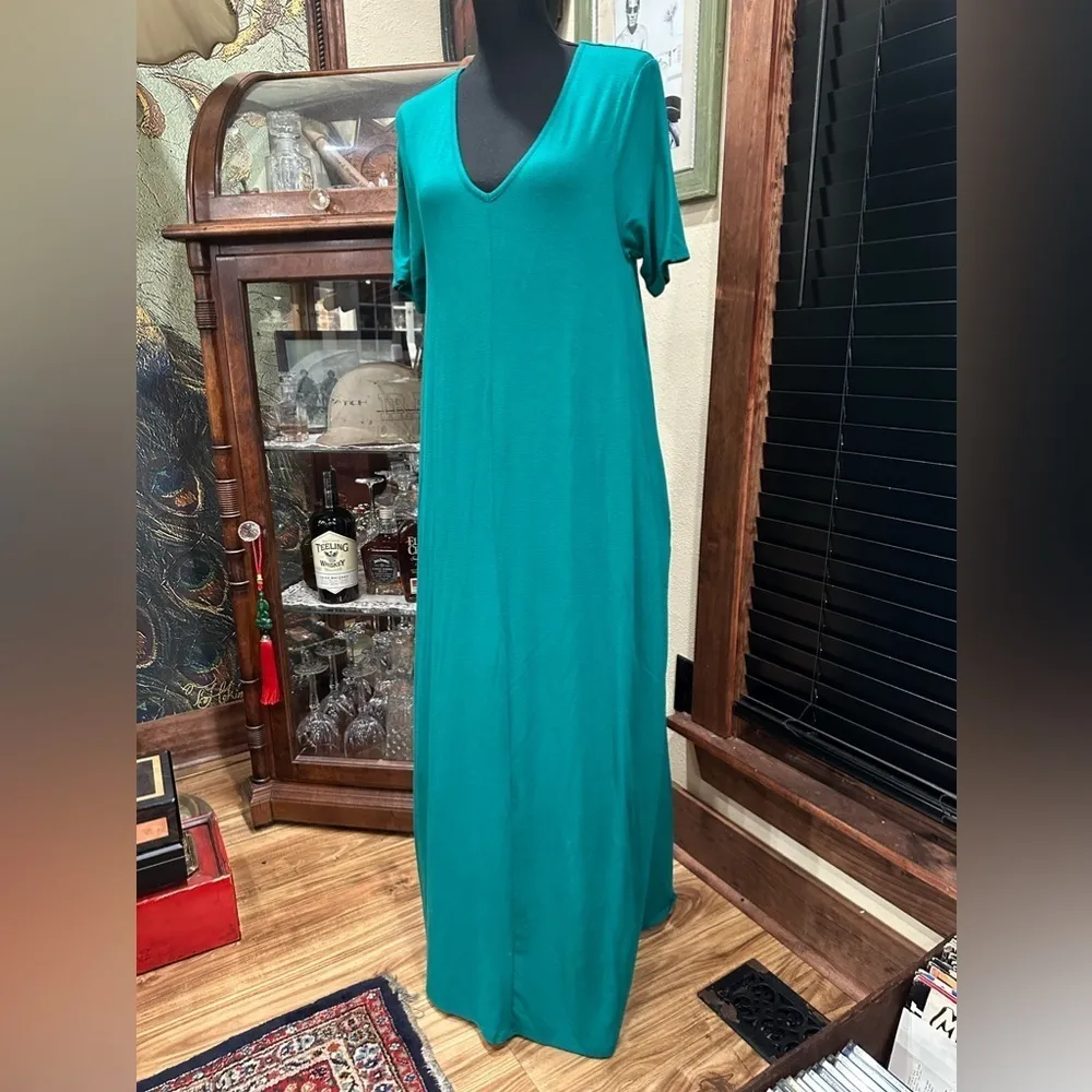 EUC ZENANA PREMIUM TEAL LONG MAXI DRESS W SIDE POCKETS AND V NECK - Image 3