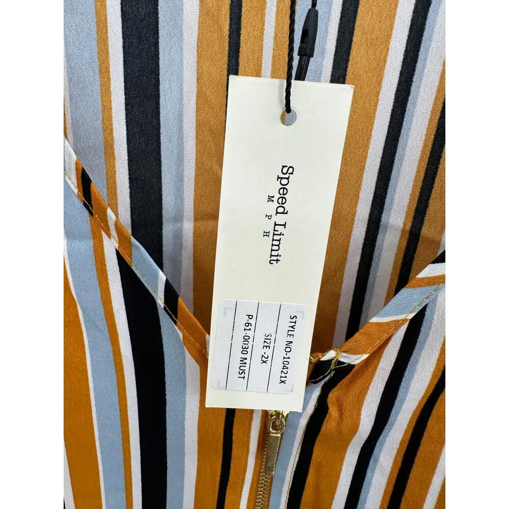 Speed Limit Mustard Yellow Striped Cap Sleeve Blouse Zipper Shirt Women 2X NWT - Image 7