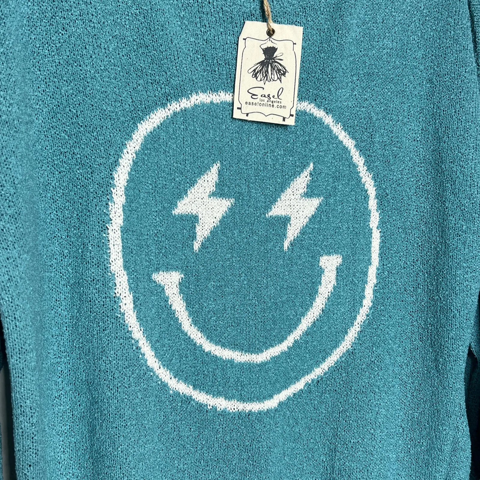 Easel Smiley Lightning Bolt Blue Sweater Women’s Small Lightweight Knit - Image 8
