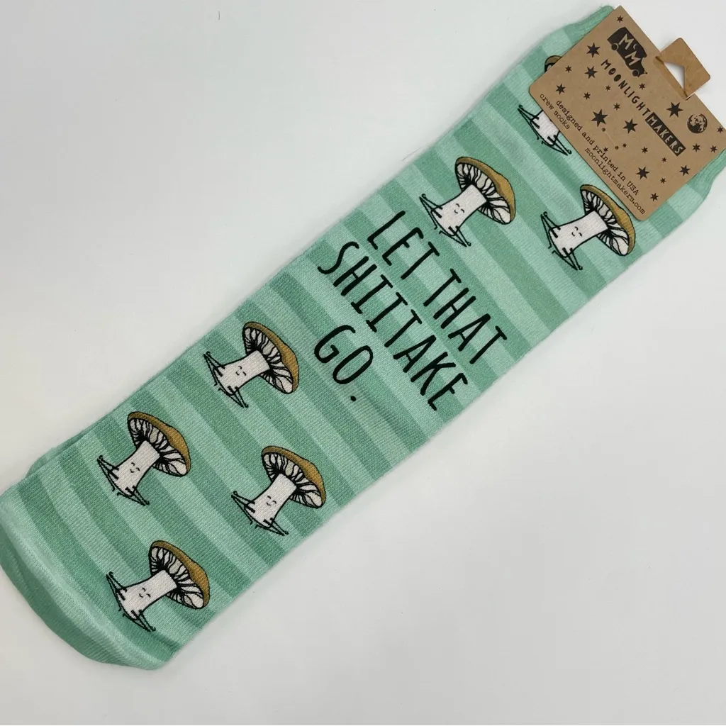 Let That Shitake Go Socks Mushroom Novelty Unisex Pun Green Stripe One Size NWT‎ - Image 3