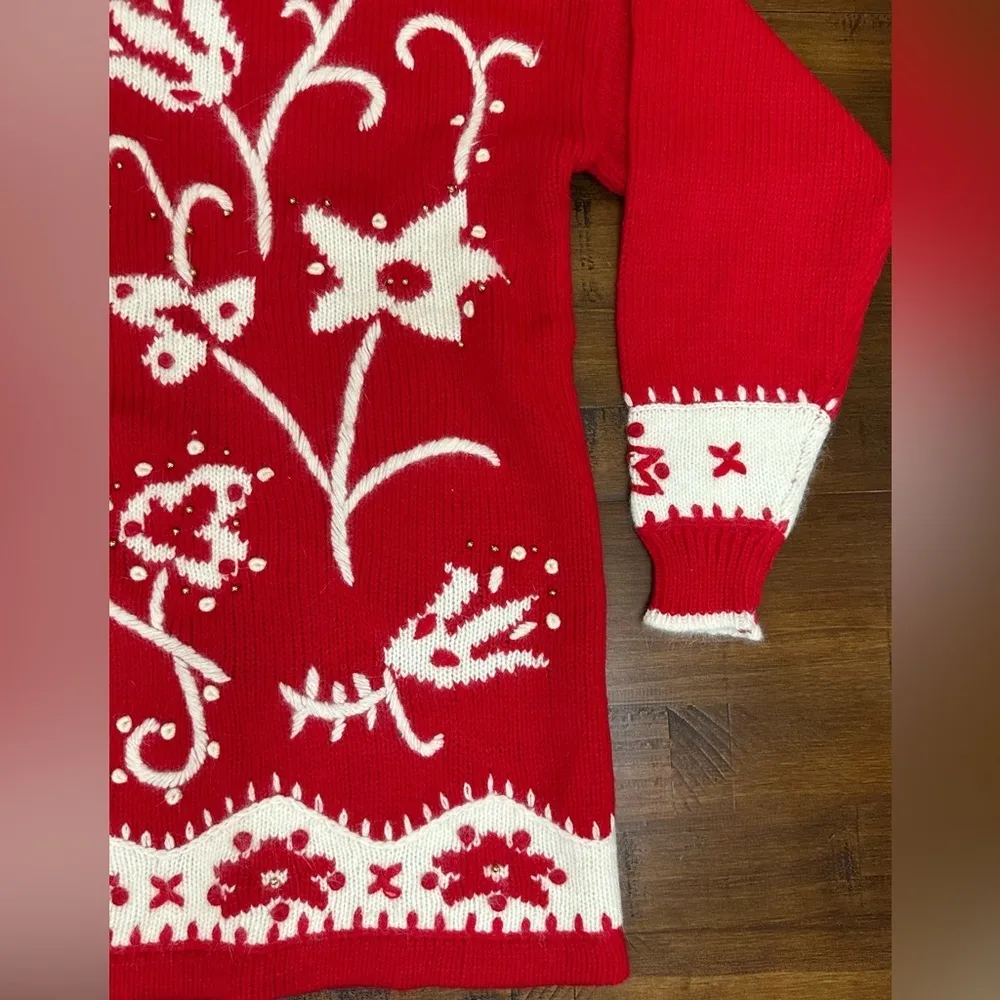 Vintage Dana Scott Mock Neck Sweater Red embroidered Wool, Angora Size Medium - Image 3