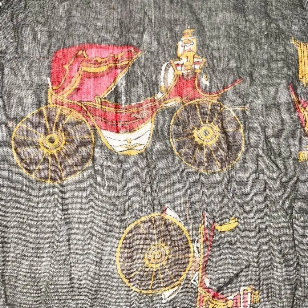 Oversized Cotton Blend Sheer Scarf w/Horse/Carraige Theme Charcoal Gray 70 X 46 - Image 6
