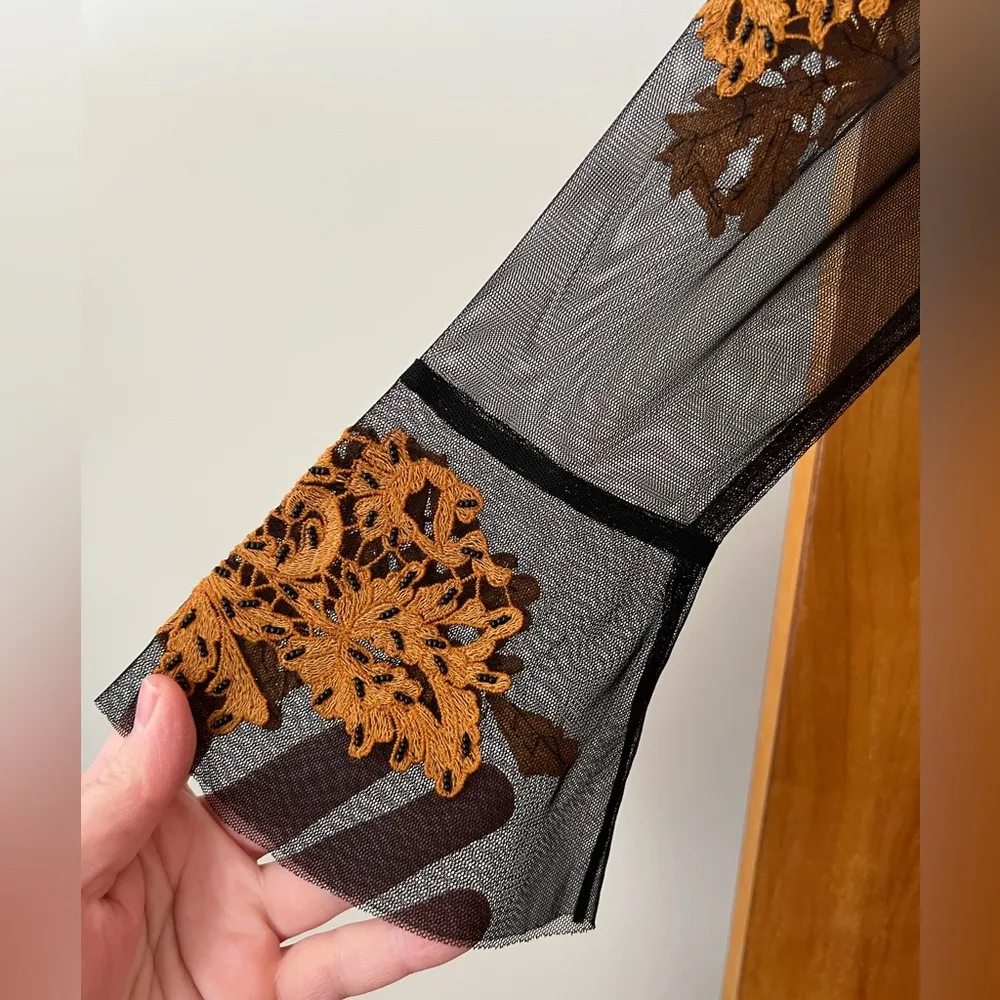 Sundance Floral Top Black Gold Orange Flora Beaded Blouse Sheer Statement Sleeve - Image 4