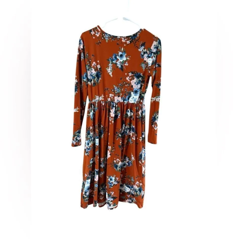 Neesee Boutique Dress Medium Burnt Orange Blue Floral - Image 9