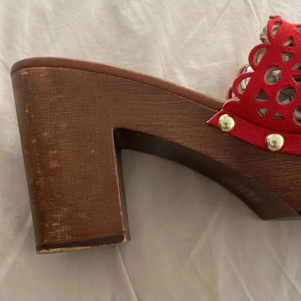 Indigo Rd. Open Toe Chunky Platform Clog Heel Red Scalloped Size Women’s size 8 - Image 11