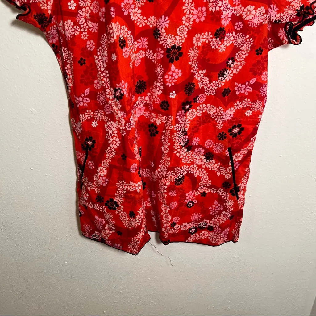 Koi by Kathy Peterson Scrub Top Red Hawaiian Floral Hearts S - Image 3