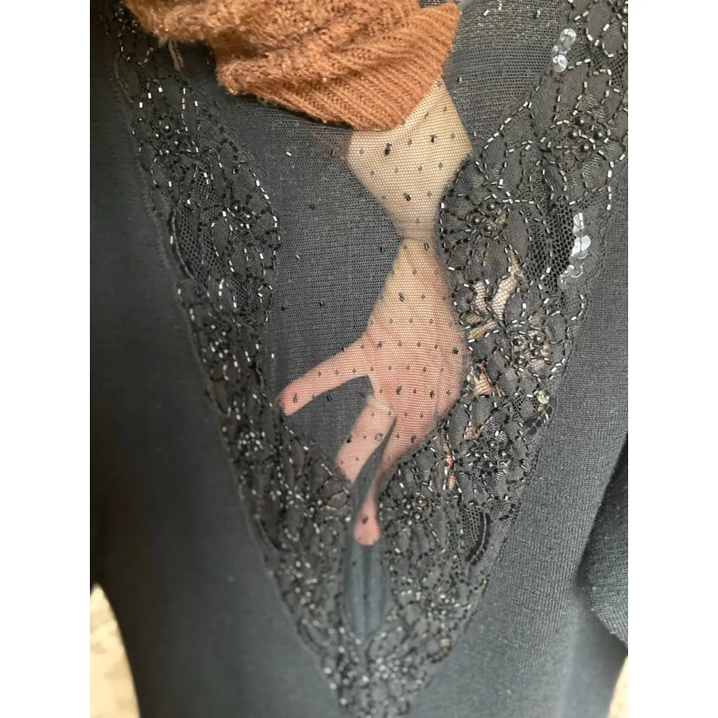 Vintage Black Beaded Lace Maxi Dress Lambswool Old Money Evening Gown Black Tie Size L - Image 4