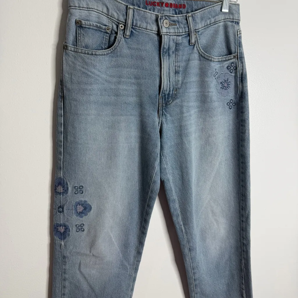 Lucky Brand Boy Mid Rise Relaxed Straight Jean Blue Floral Embroidered Size 4/27 - Image 6