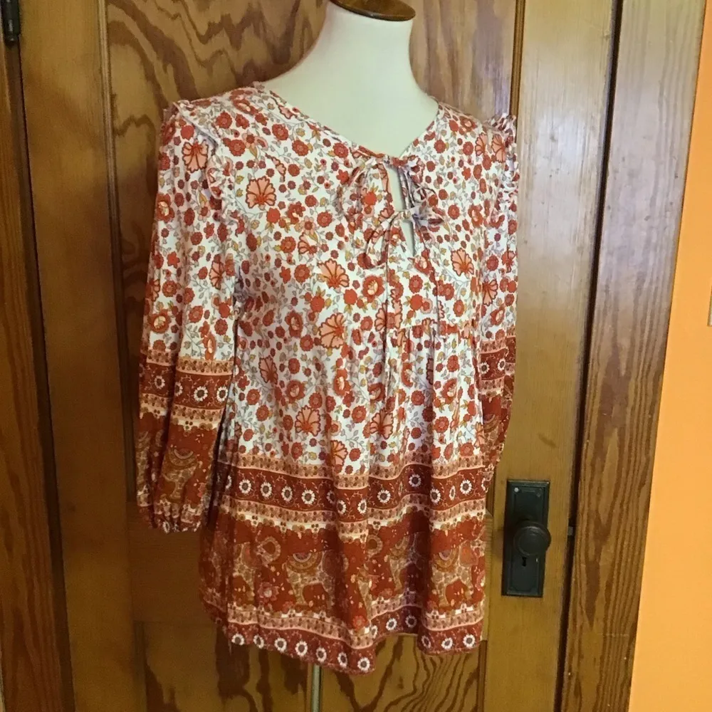 Bright Orange Floral Hippie Chic Peasant Top White - Image 11