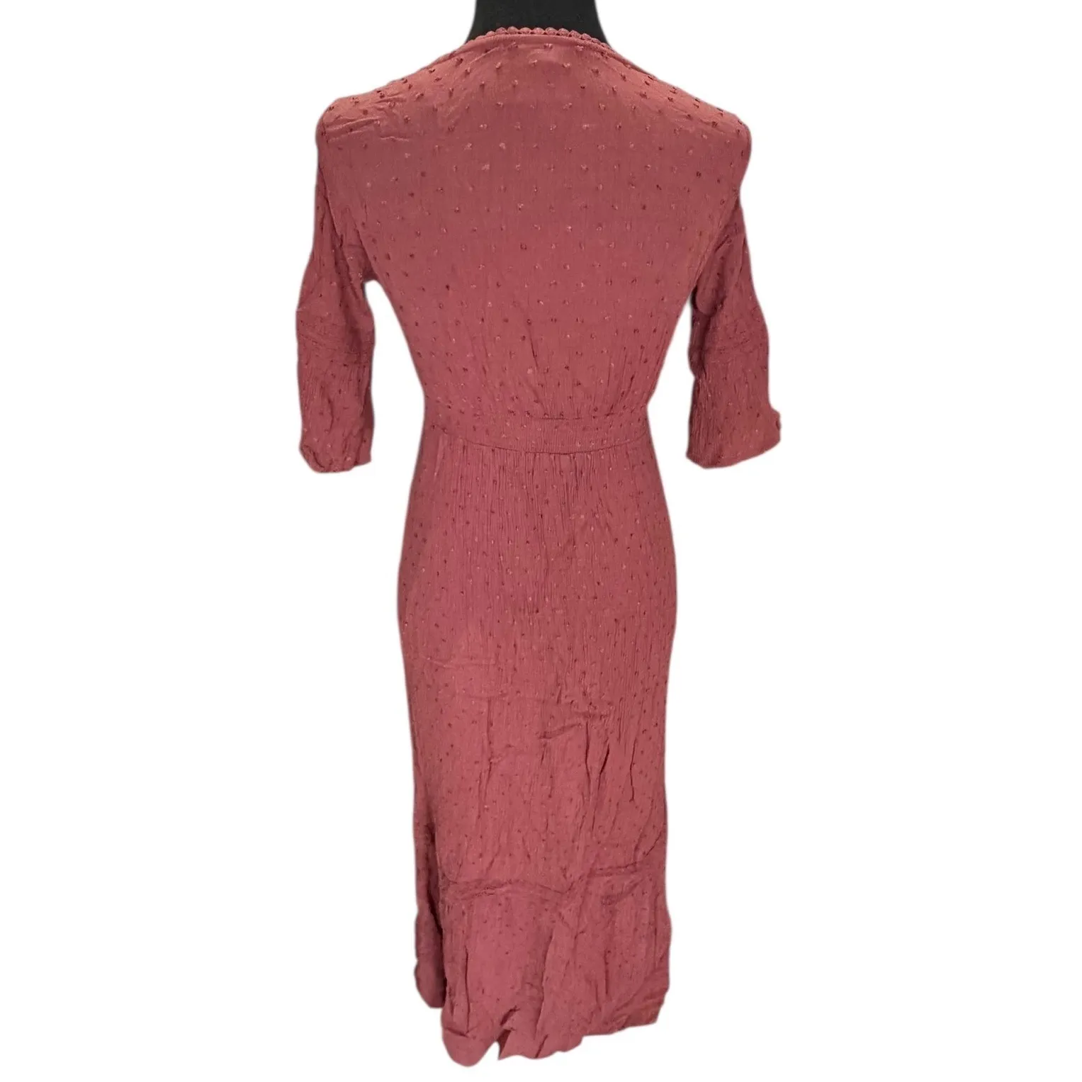 Knox Rose Rust Textured Dot Smocked Waist Midi Dress V Neck 3/4 Sleeve Size XS - Image 2