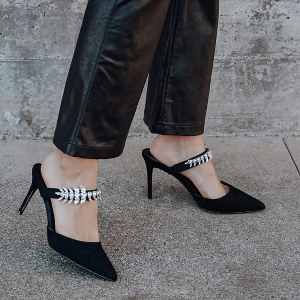Lulus Black Tito Black Suede Rhinestone Pointed-Toe Mules - Image 2