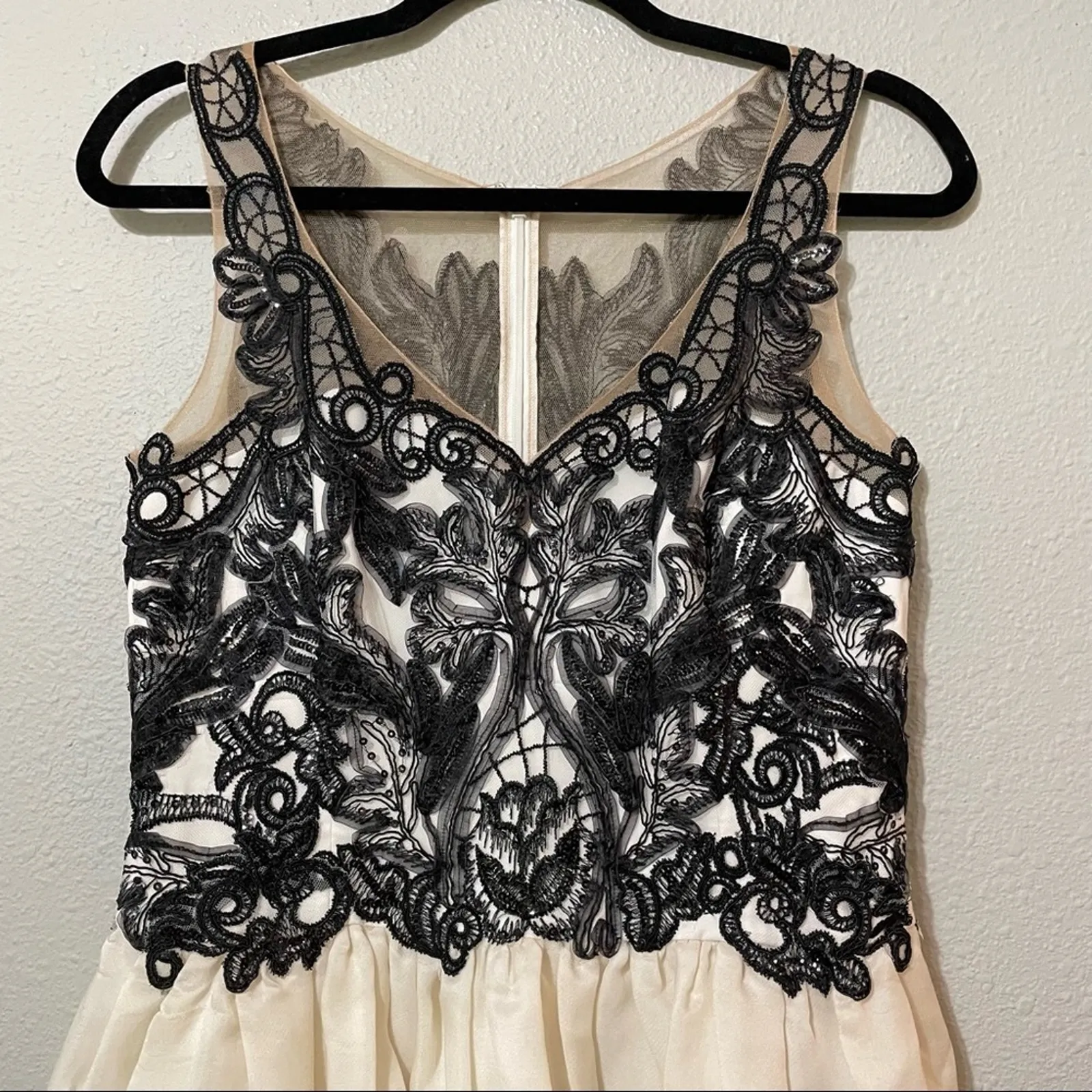 Marchesa Notte Gazaar Black Sequined Illusion Bodice Silk Cream Dress Womens 8 - Image 2