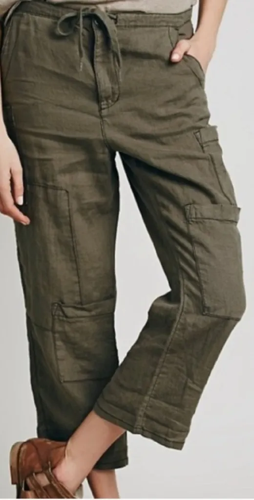 Free People 100% Linen Cargo Patchwork Pants Size Medium green taupe boho baggy - Image 2