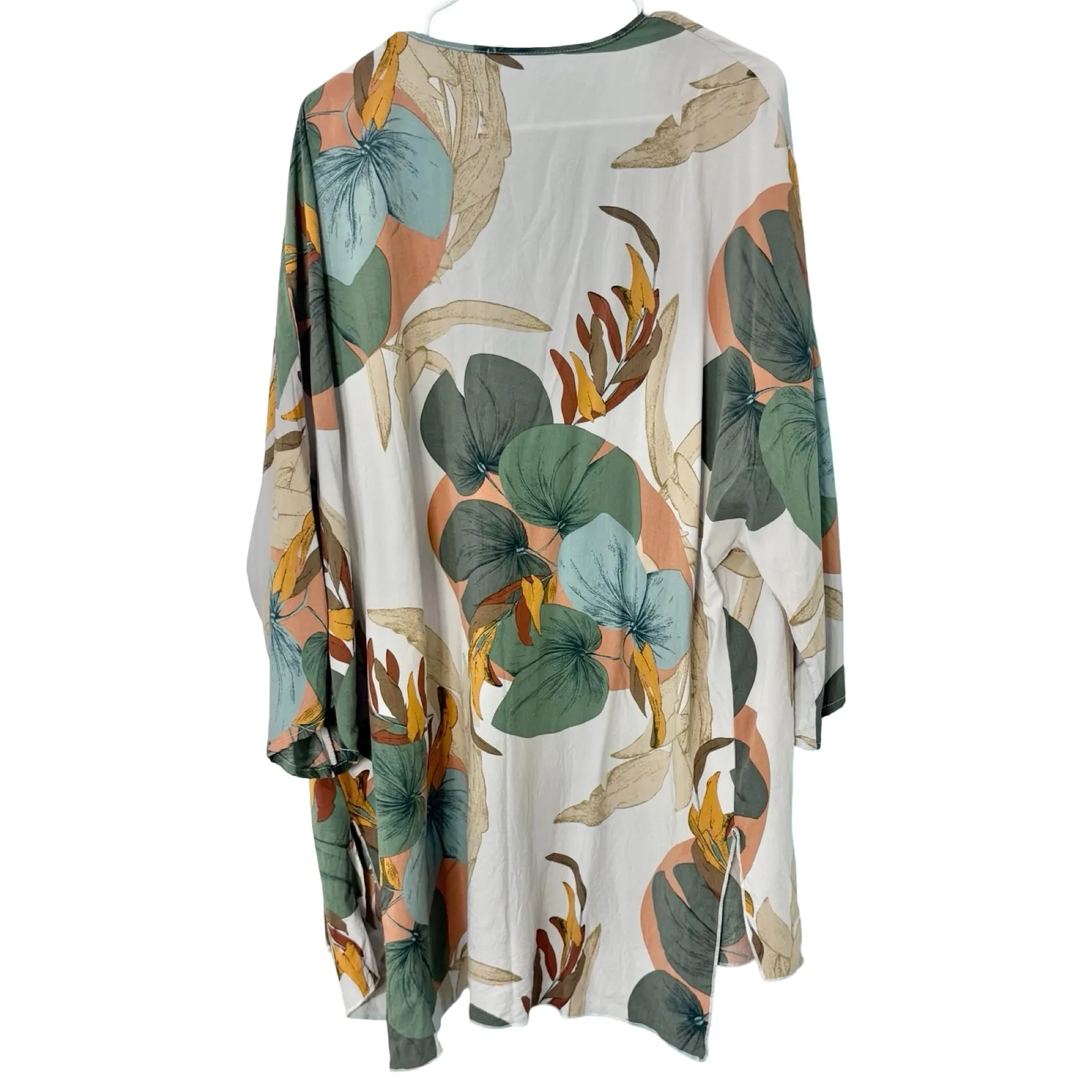 Tropical Floral White Green Orange 3-Piece Pajama Set Pants Tank Kimono size L - Image 10