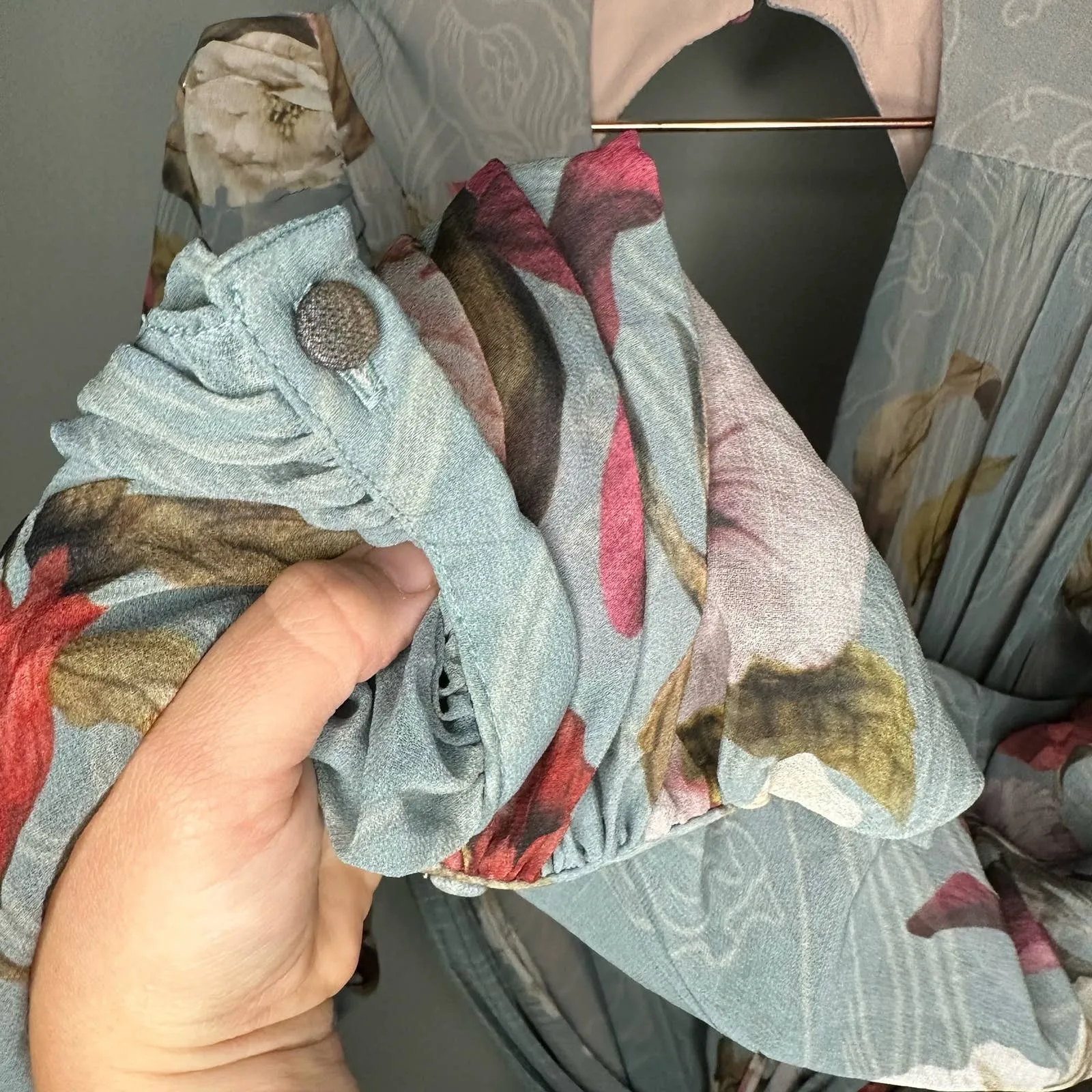 PatBo Peony Print Cutout Midi Crepe Long Sleeve Blue Pink Dress US Size 12 - Image 14