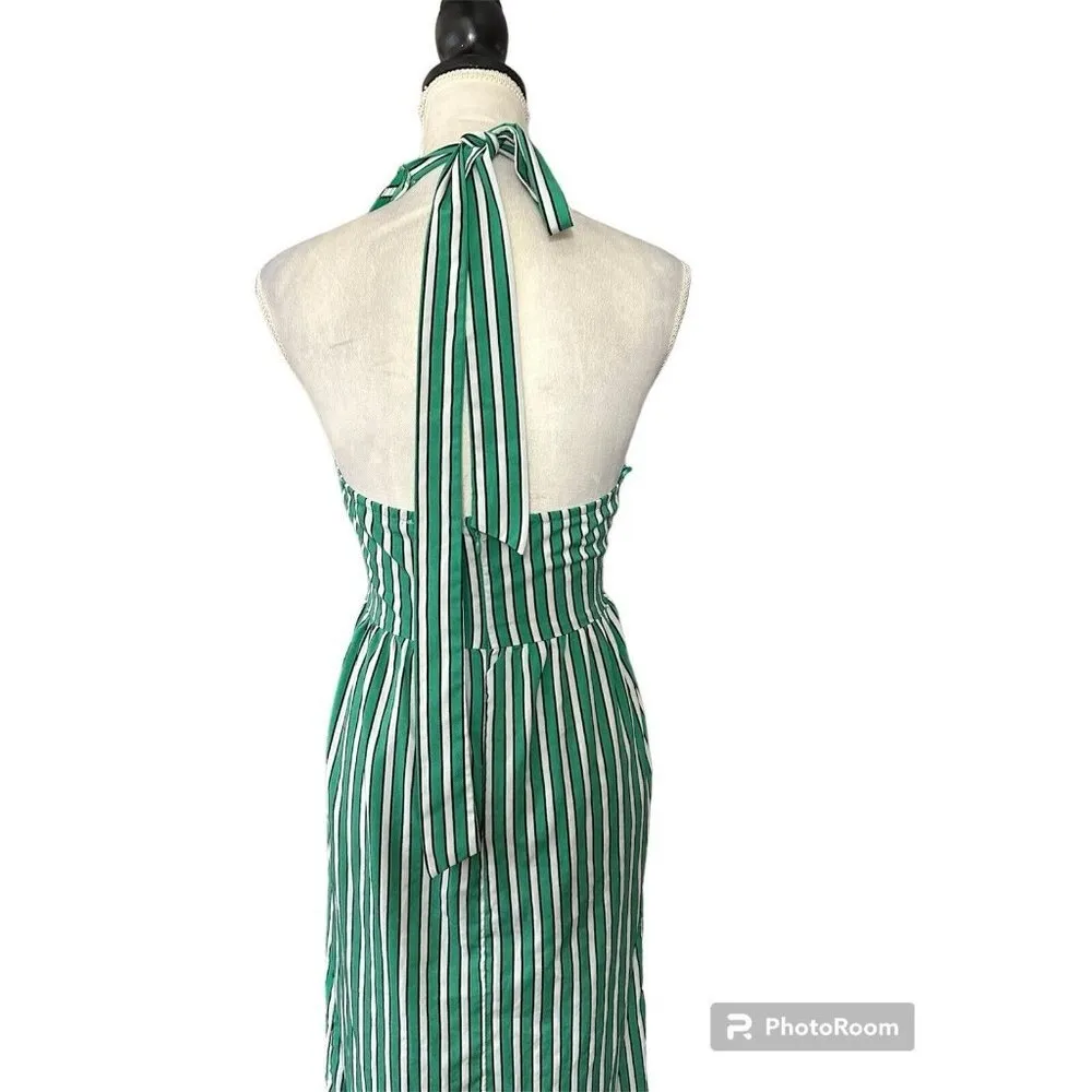 Jealous Tomato Halter Neck Maxi Dress Green Striped Open Back Ruffle Hem Sz S - Image 4