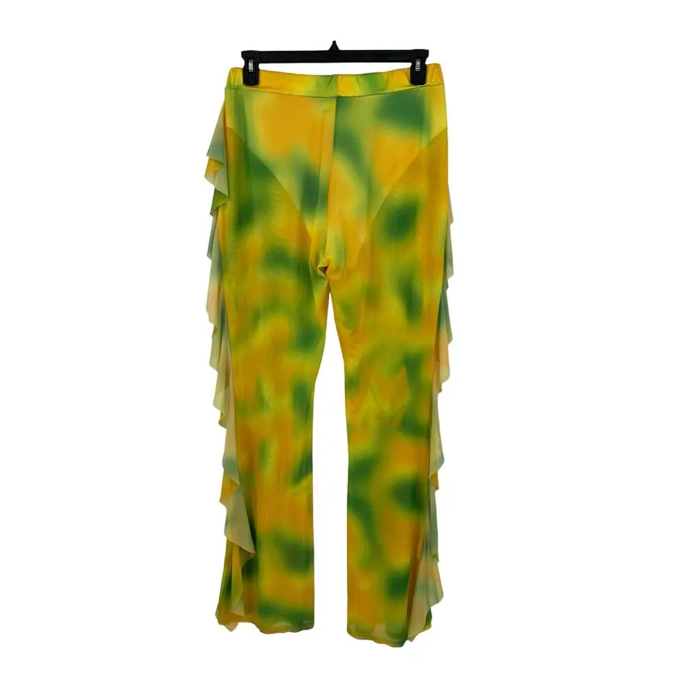 Shein Pants Womens Plus XXL Ruffle Trim Tie Dye Yellow Green Sheer Mesh - Image 2