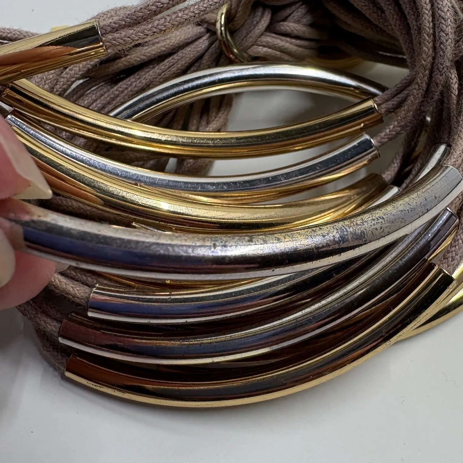 Gillian Julius RB2M Multi Strand Cord Bracelet Taupe Metal Tube Gold Silver Tone Tan - Image 13