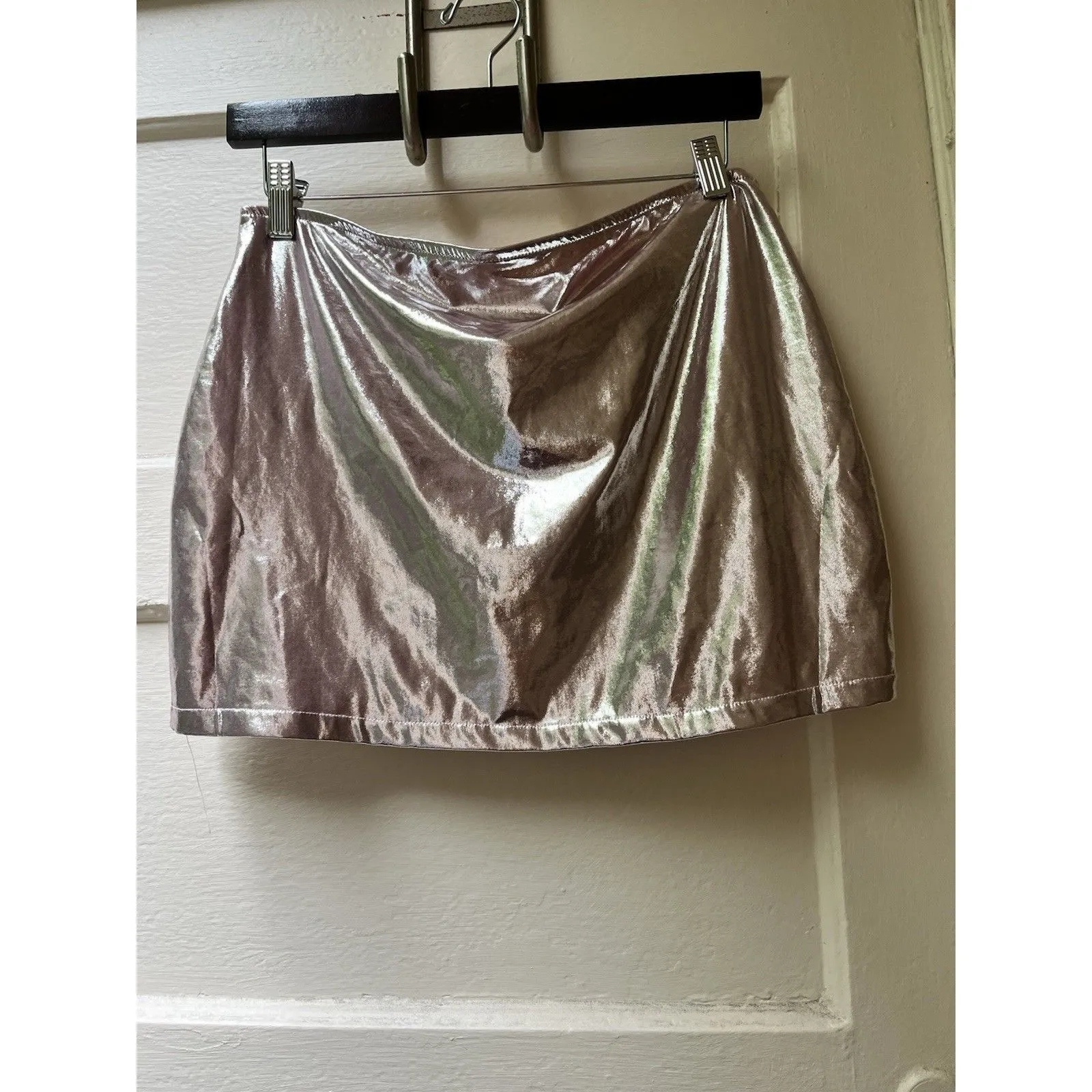 urban outfitters Mini Skirt L Soft Pink Metallic Ruched Glam Party Club Showgirl - Image 2