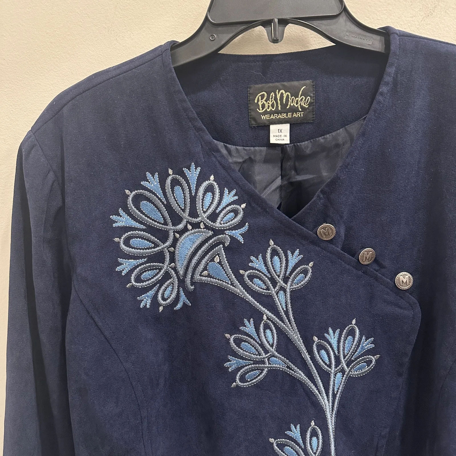 Vintage Bob Mackie Wearable Art Navy Embroidered Asymmetrical Button Jacket 1X - Image 4