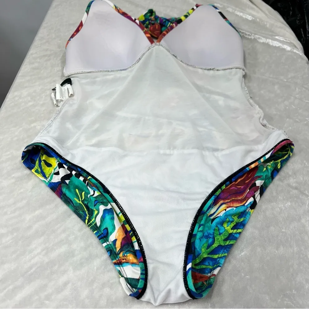 Lauren Ralph Lauren Sz. 10 Rainforest Multicolor Halter Mio 1 Piece Swimsuit Blue - Image 10