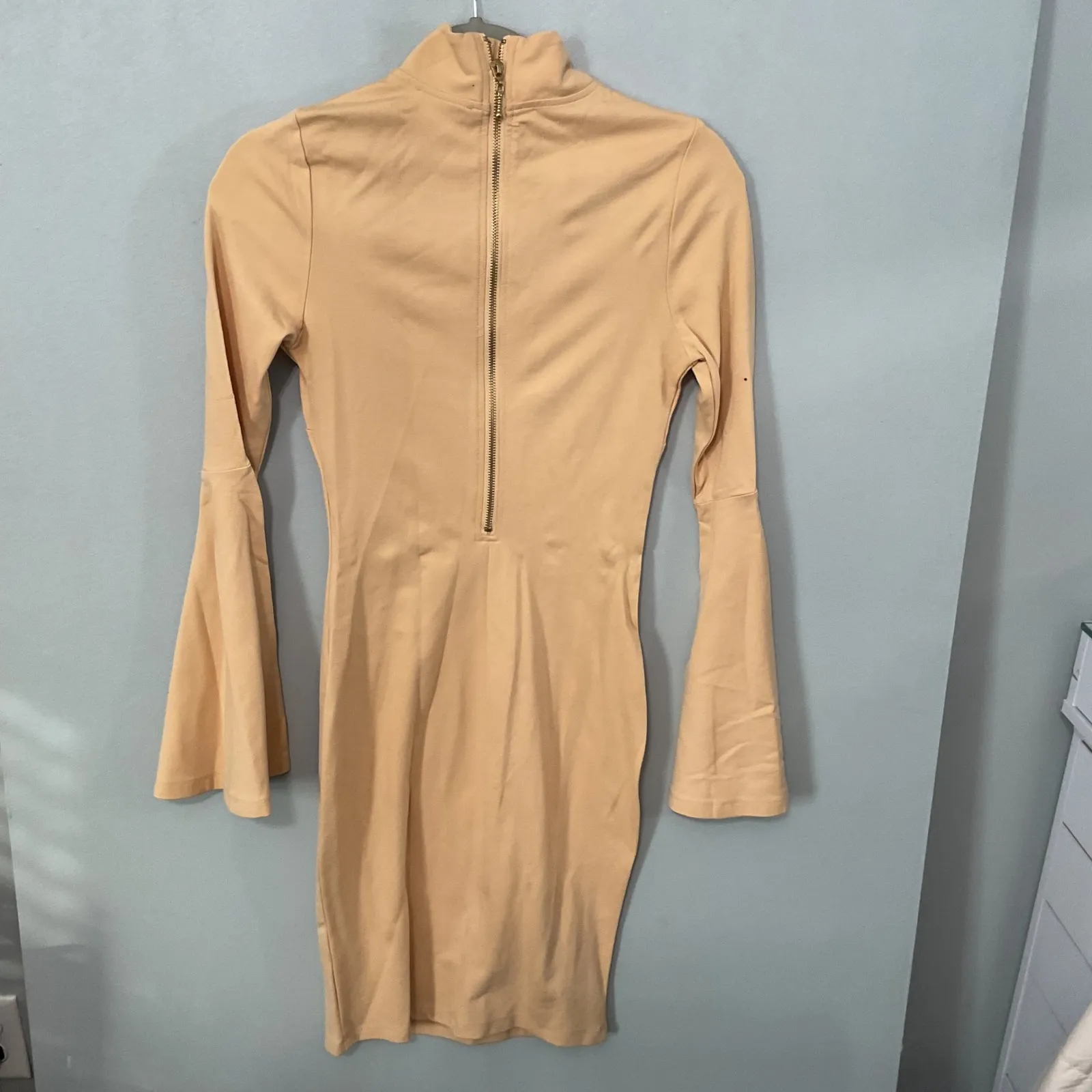 Venus Bell Sleeve Mock Neck Mini Dress Peach S - Image 3