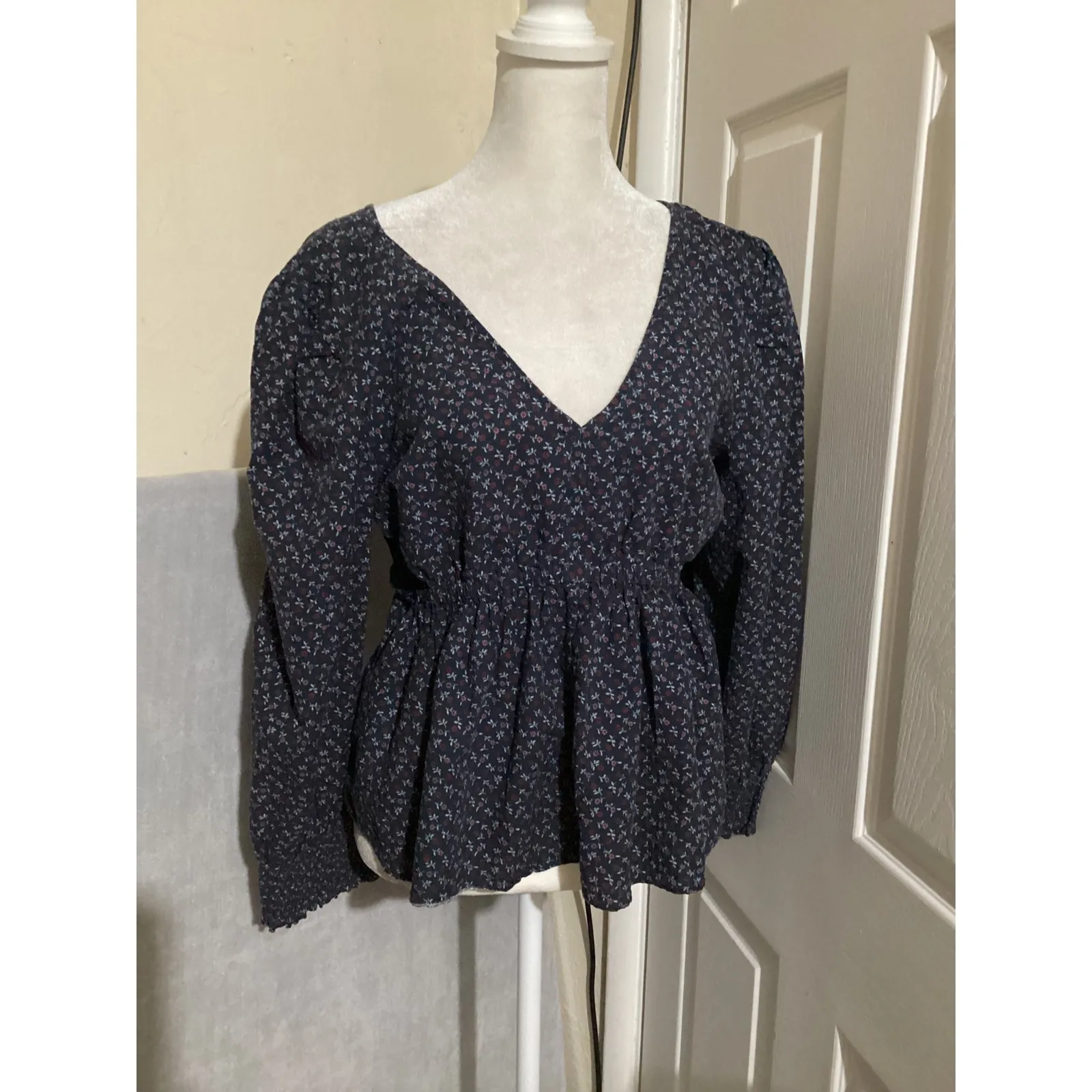 Madewell Tie-Back Peplum V Neck Floral Print Long Sleeve Top Campden Daisies M - Image 2