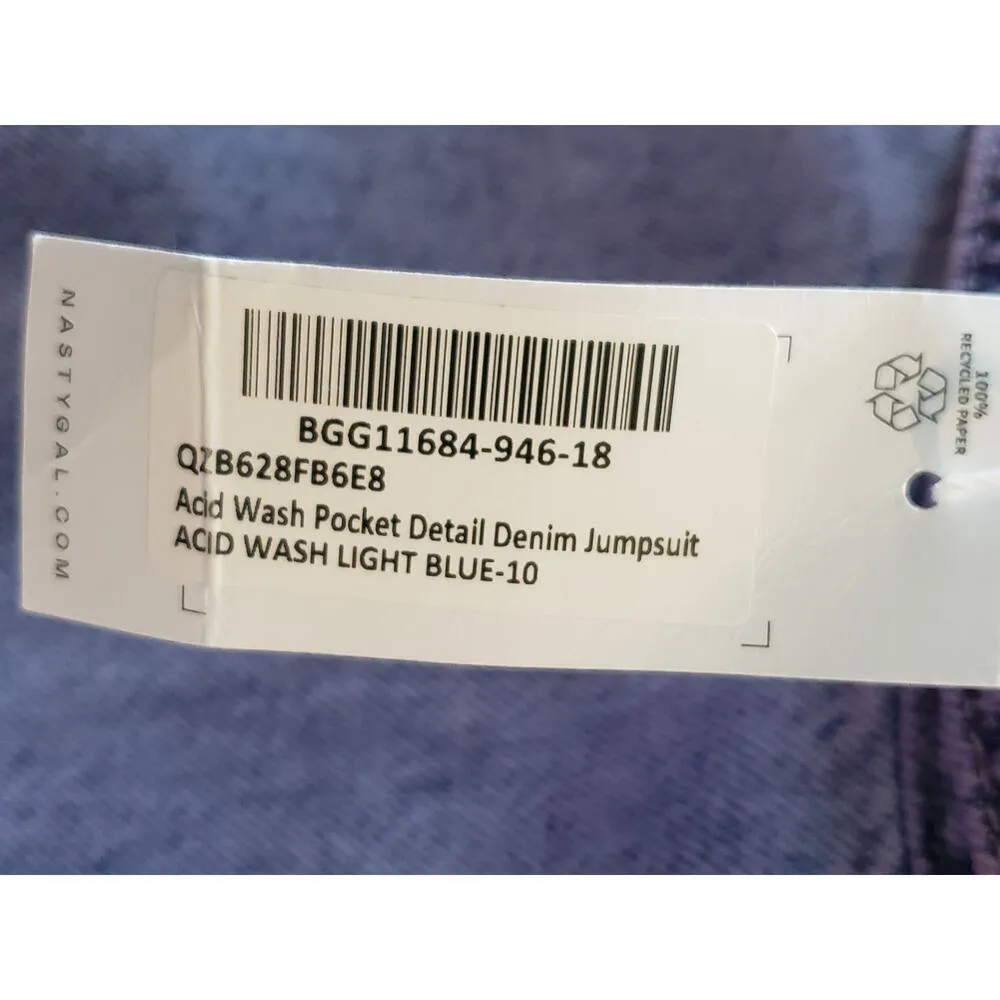 Nasty Gal Jumpsuit Womens Size 6 Blue Denim Pocket Detail Acid Wash Button Front - Image 3