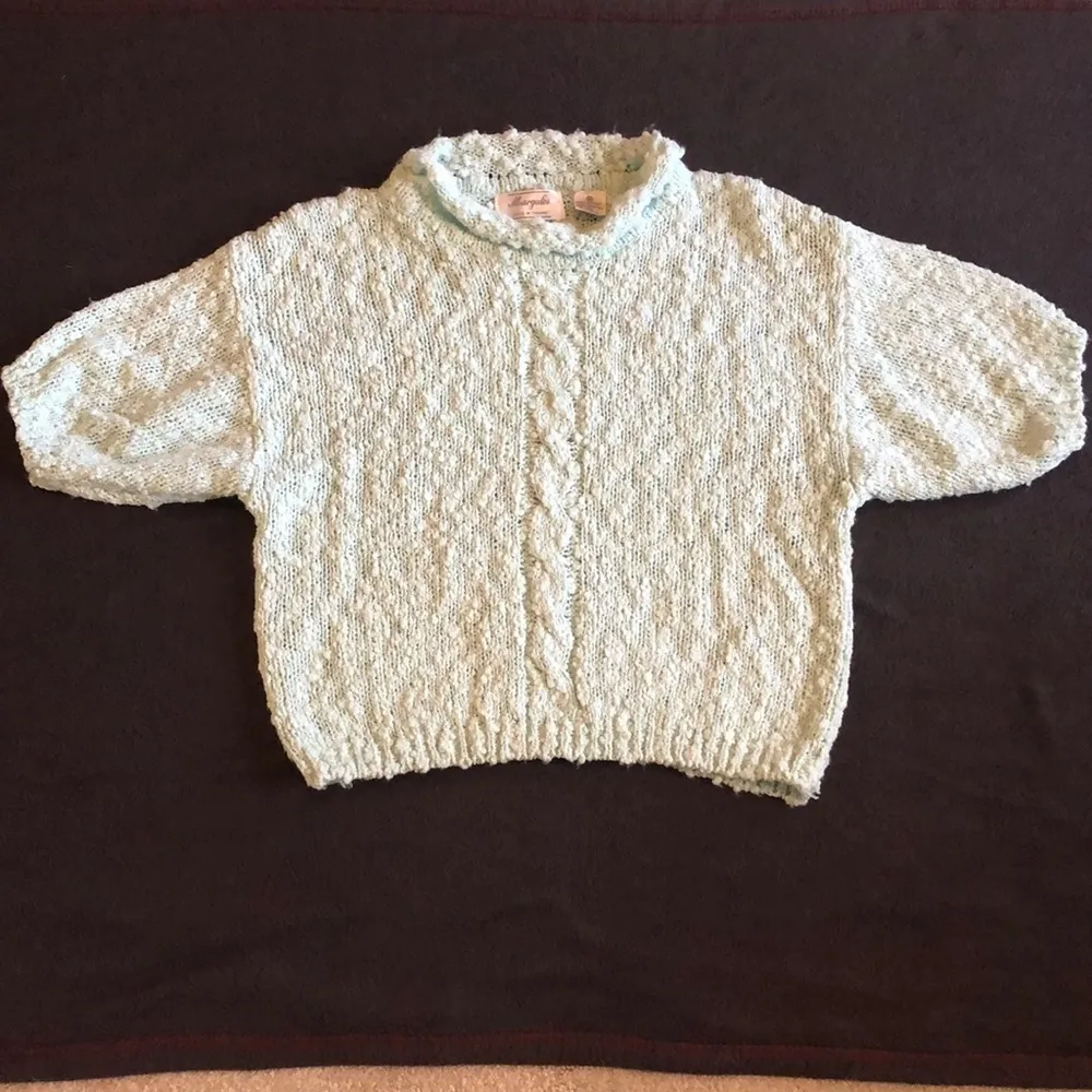 Vintage Sweater Margules 80’s Bubble Knit Textured Blue Green Rolled Neck Short Size M - Image 3