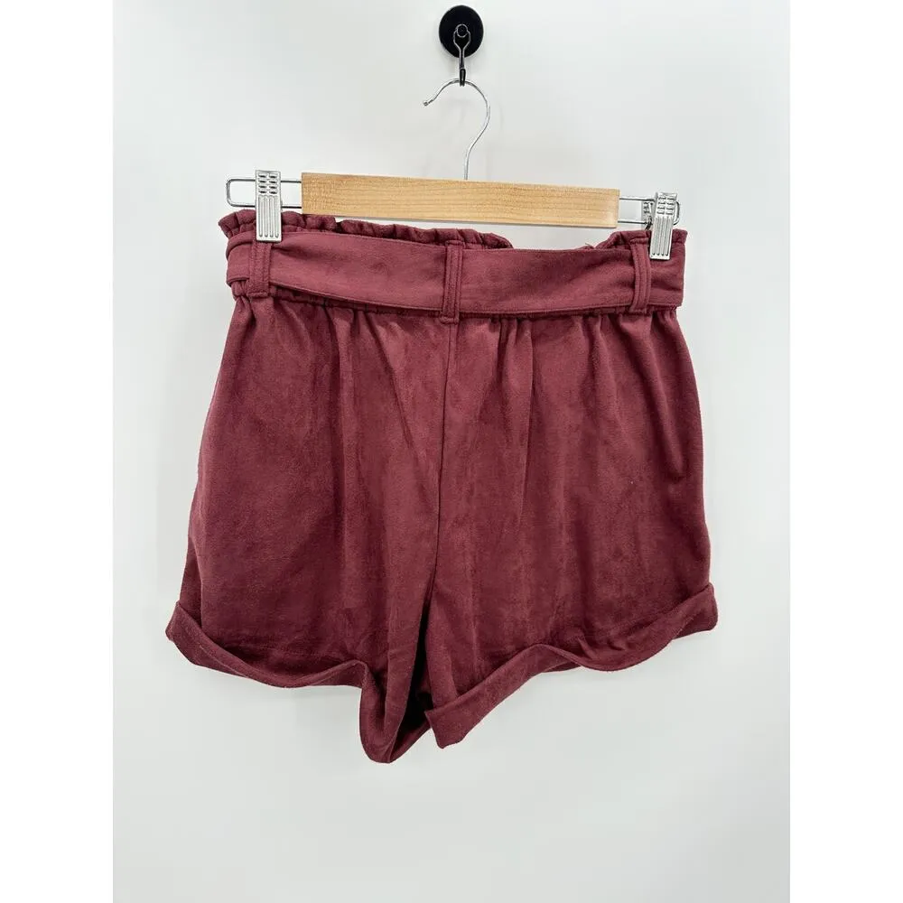 tgla Womens Paperbag Shorts Size S Wine Faux Suede Belted Casual High Waisted Purple - Image 2
