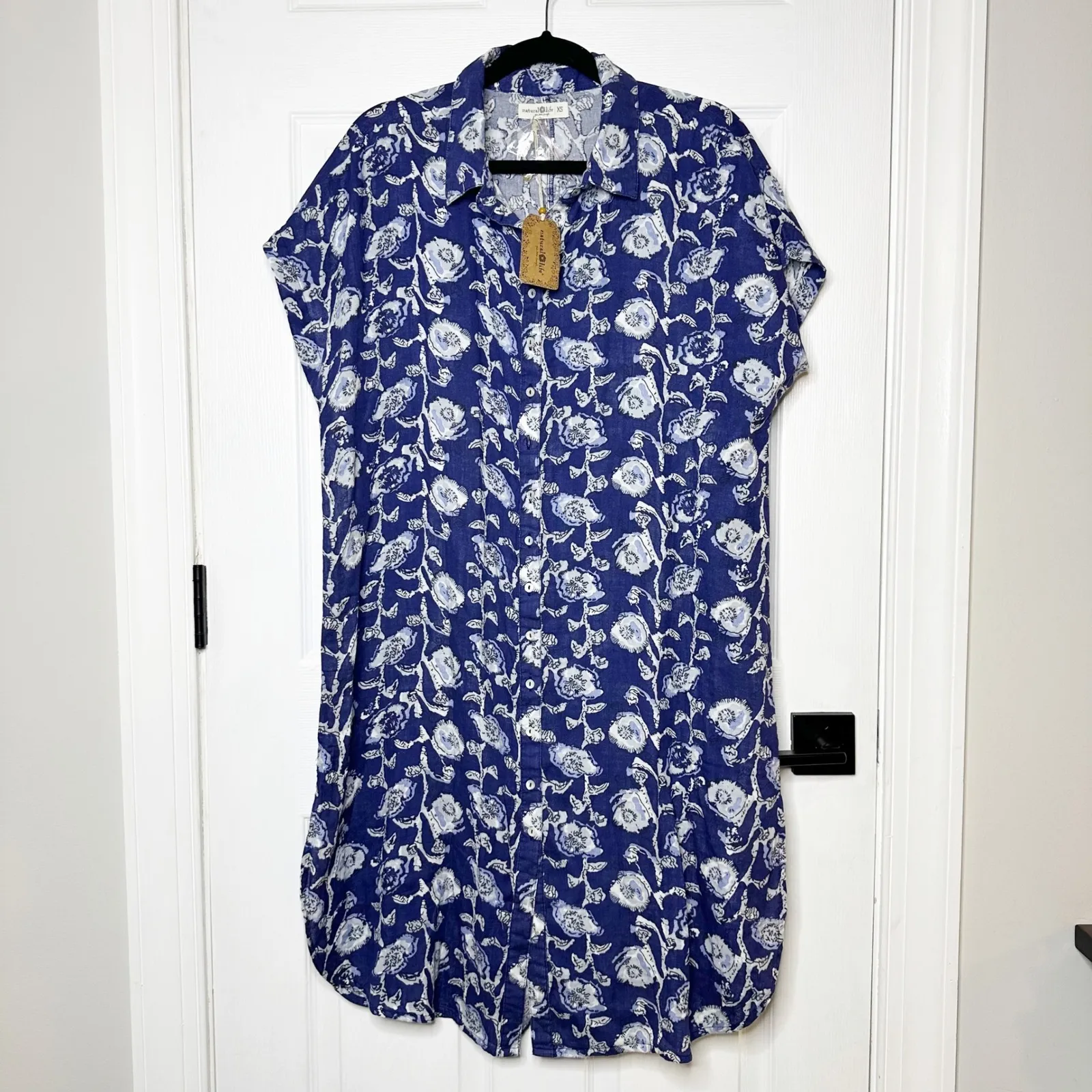 Natural Life Cotton Gauze Midi Shirt Dress Navy Cream Vines‎ Size XS NWT - Image 2