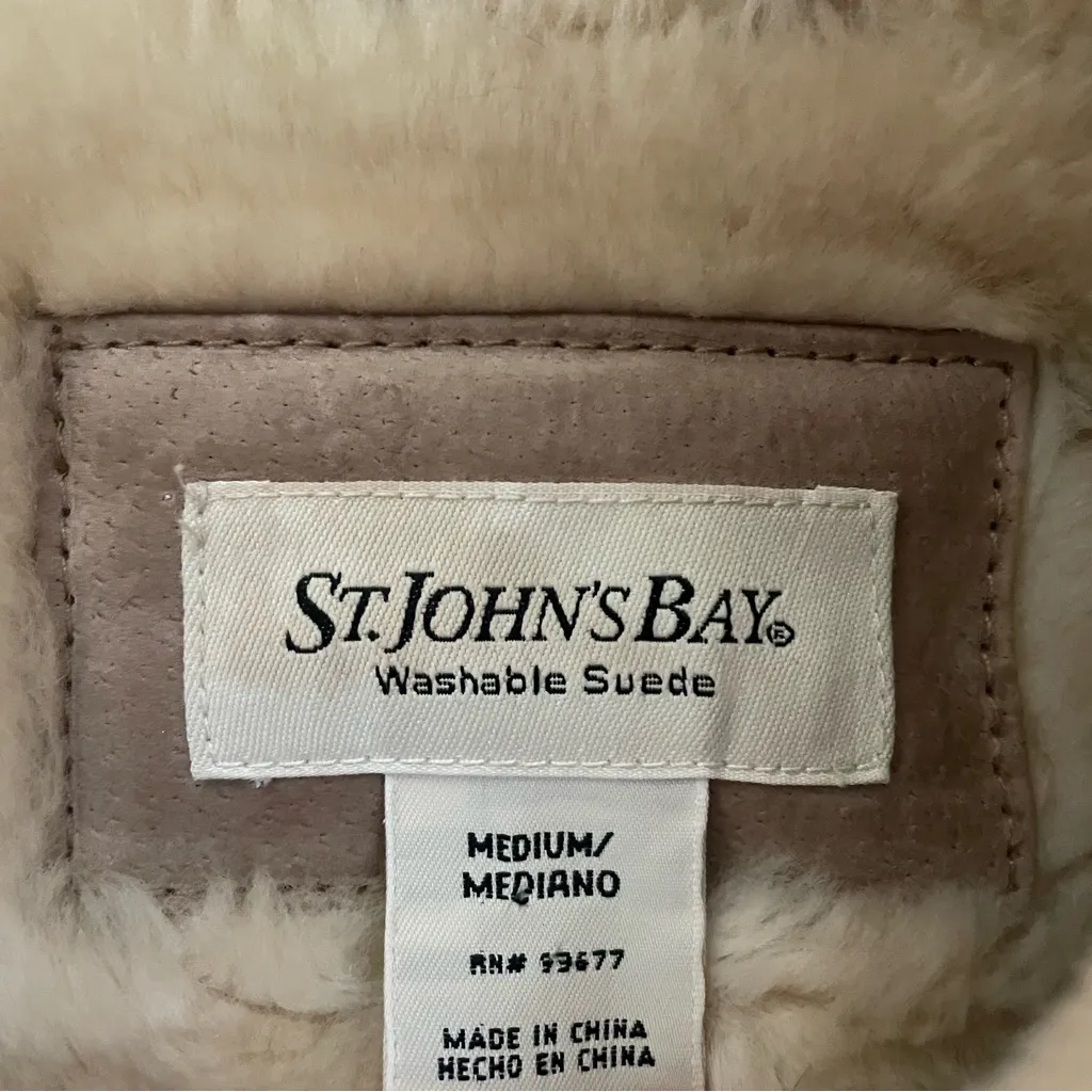 Vintage 90s St. John’s Bay Suede Leather Faux Fur Trim Hooded Jacket Coat - Image 3