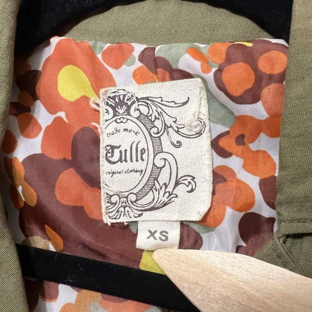 Anthropologie Tulle Jacket XS‎ Belted Trench Coat Green Button Front - Image 6