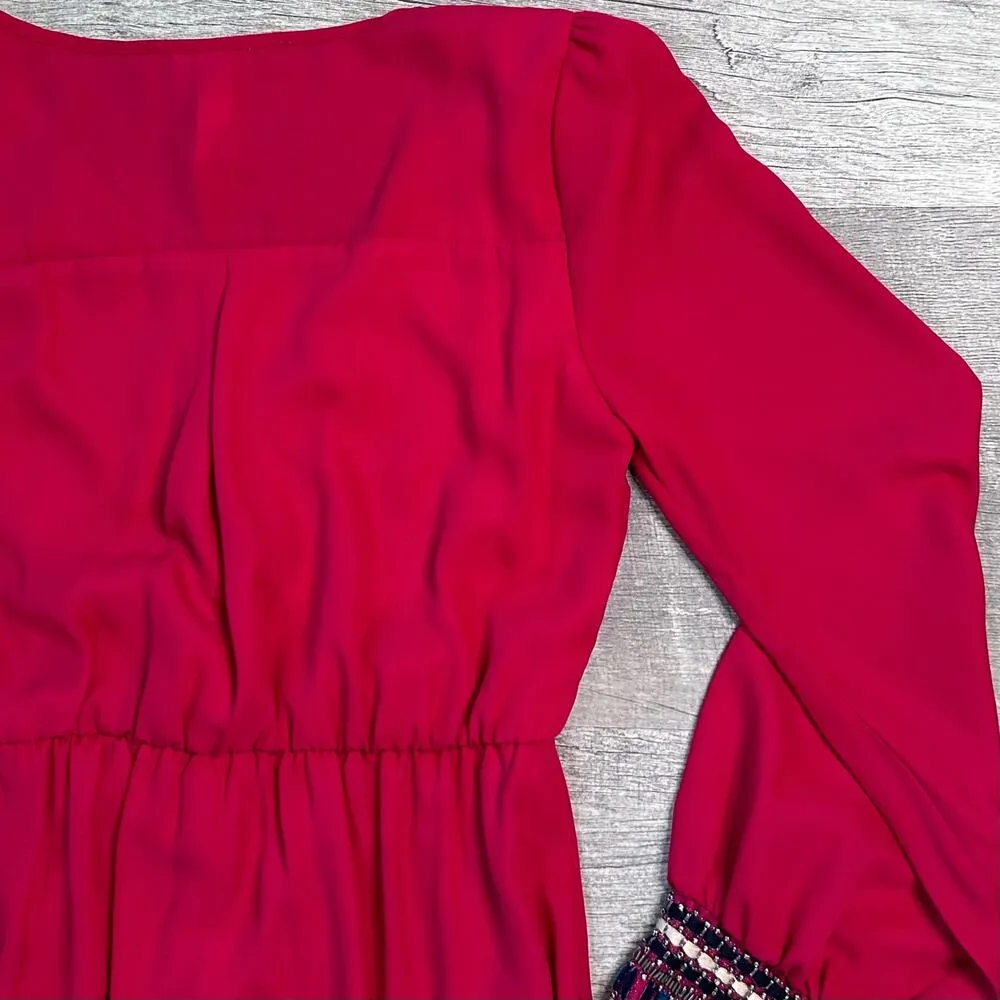 Long Sleeve Wrap Mini Dress Womens S Gem Embellished Cuffs V Neck - Image 6