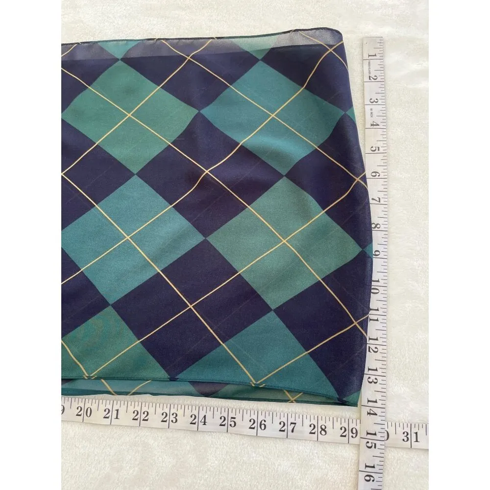 Vintage Navy & Green Plaid Sheer Scarf With Gold Lines - Image 2