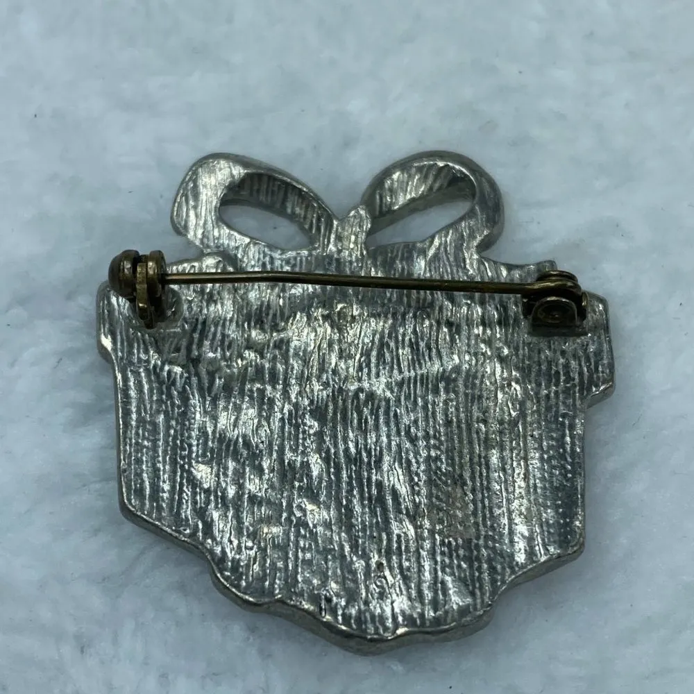 Christmas Present Box Jewelry Pin Brooch Holiday Enamel Metal Bow on Top - Image 3