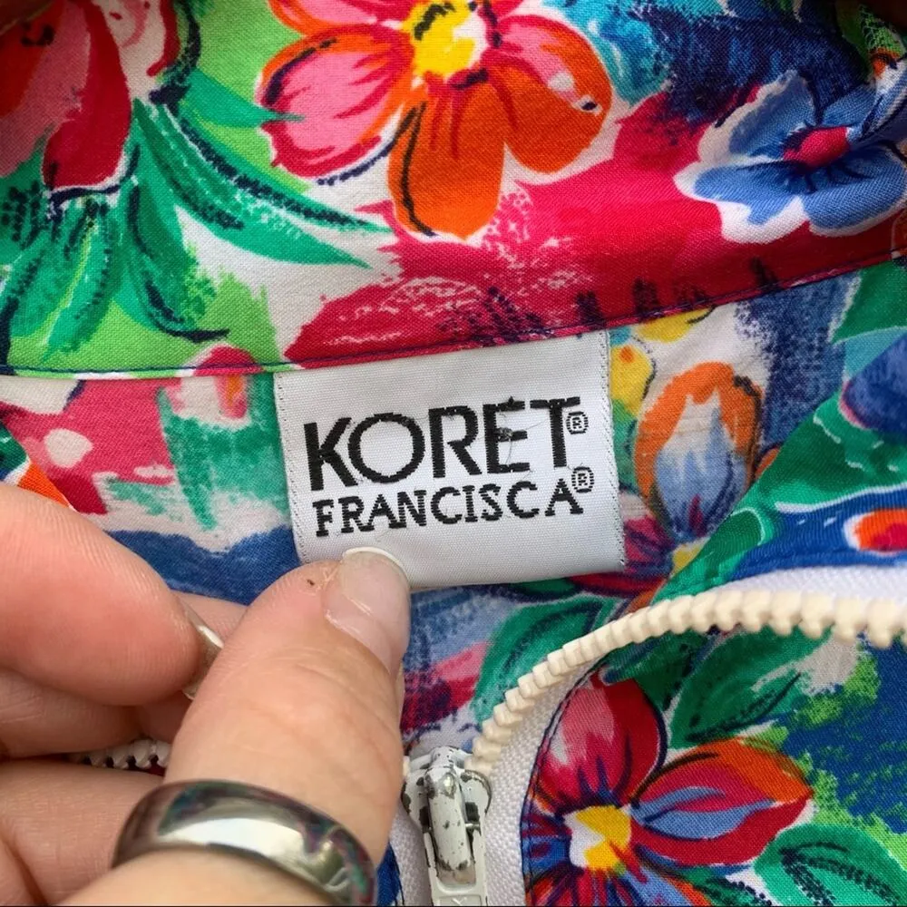 Vintage 90s bold tropical floral zipup windbreaker SMALL Pink - Image 3