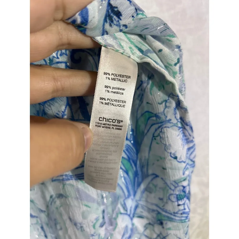 Chicos Tunic 3 XL White Blue Floral Silver Thread Sheer Burnout - Image 7