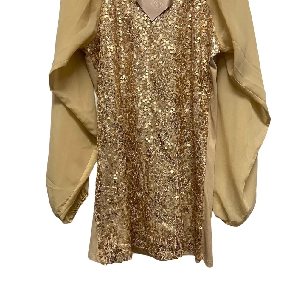 AMERICAN GLAMOUR BADGLEY MISCHKA Large Chiffon Sequins Blouse Gold Top Lined - Image 3