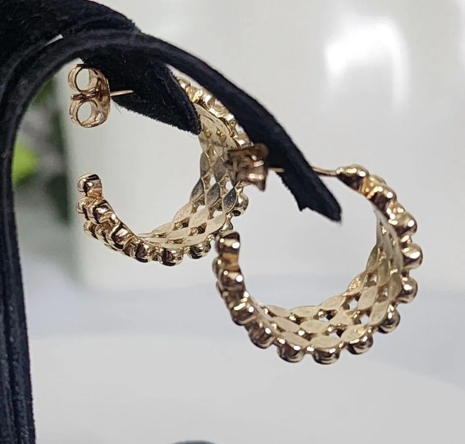 Gold 3 Row Bead Ball C Shape Hoop Earrings - Image 5