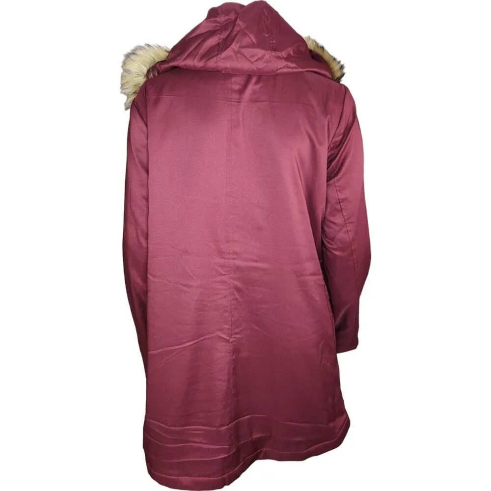 Denim & Co. Zip Front Twill Jacket Faux Fur Trimmed Hood Wine Medium NWOT - Image 8
