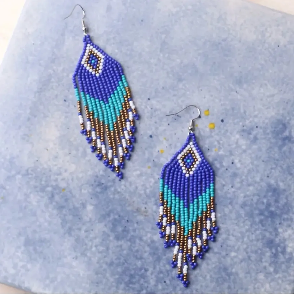 Rhombus Shape Colorful Beaded Tassel Dangle‎ Earrings Bohemian Ethnic Style Blue - Image 3