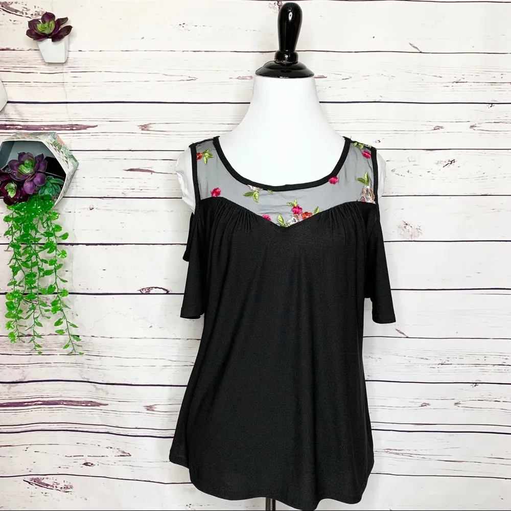 Black Cold Shoulder Top With Sheer Mesh Panel & Embroidered Flowers Size Large - Image 2