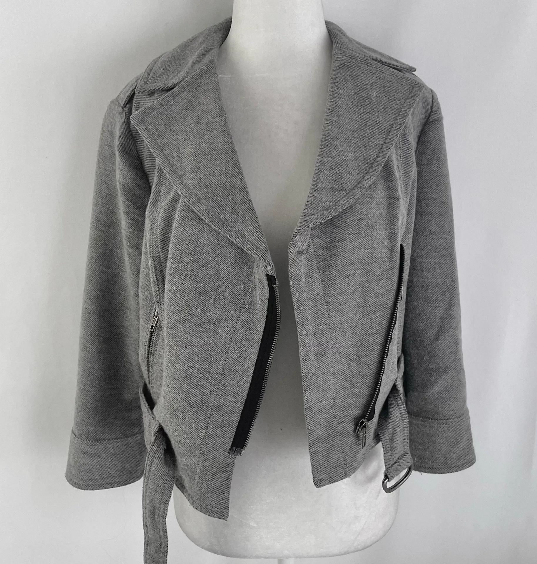 Topshop Wool Blend Asymmetric Zip Front Belted Biker Moto Jacket Grey Size 6 - Image 15