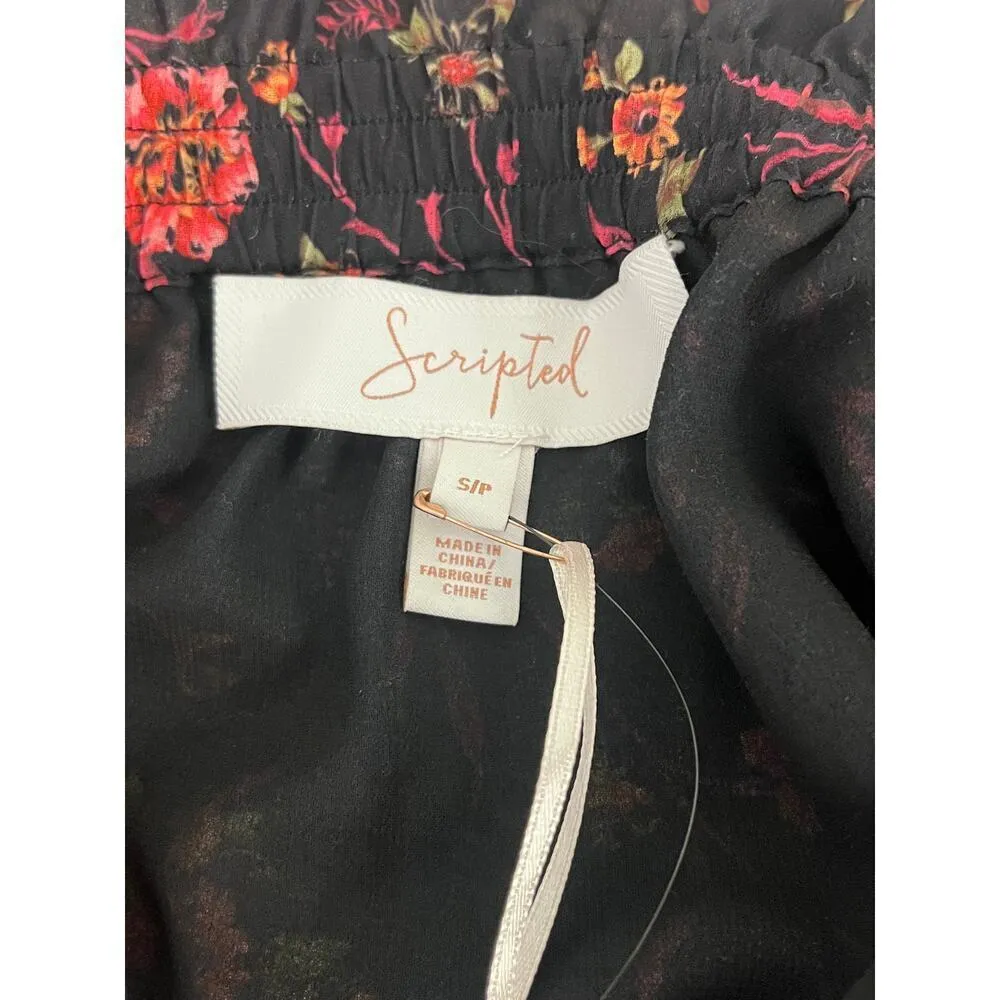 Scripted Black Floral Peasant Blouse Off The Shoulder Size S. NEW - Image 10