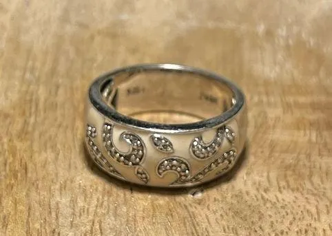 JWBR Artisan White Enamel & Diamond Floral Scroll 925 Sterling Silver Band Ring - Image 1