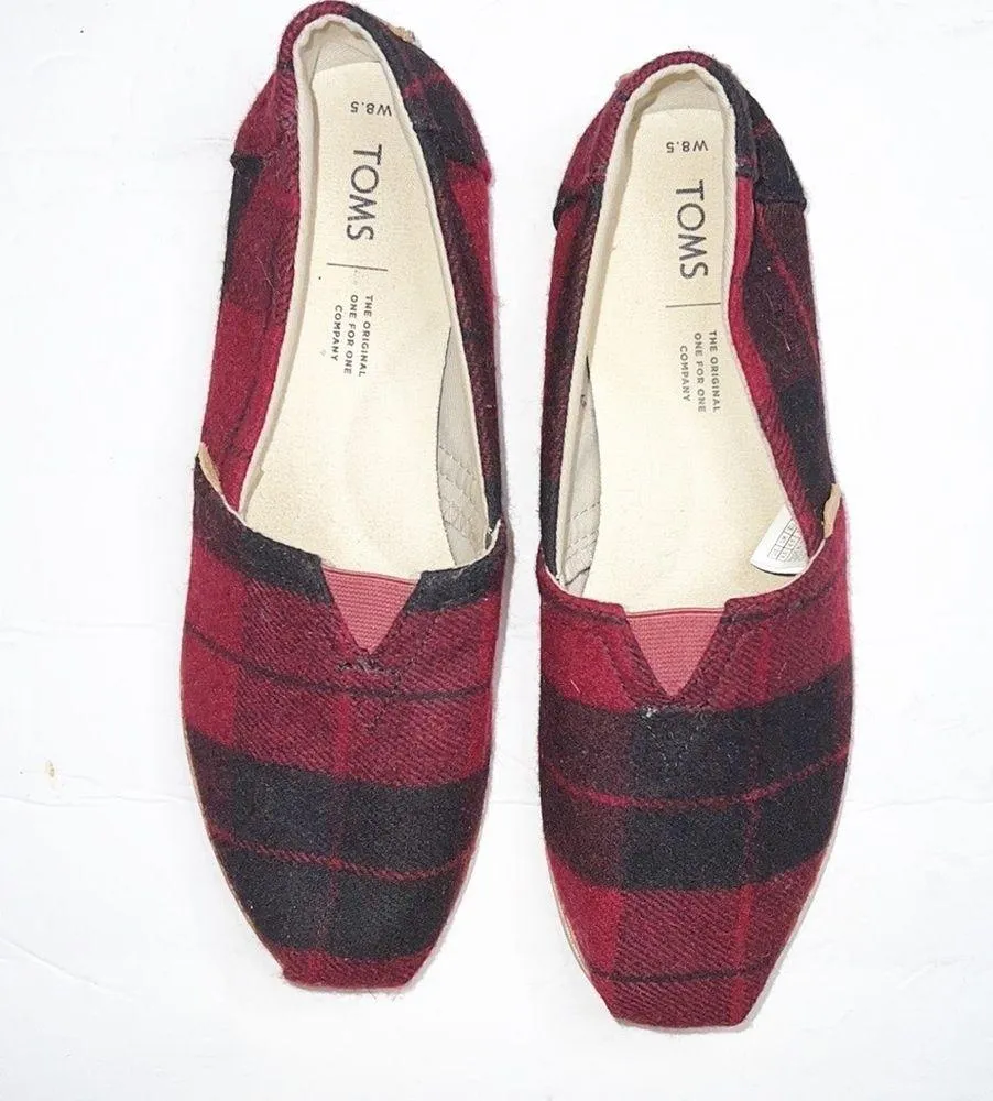 Toms Alpargata Classic Buffalo Check Plaid Red And Black Felt Slip On Flats - Image 3